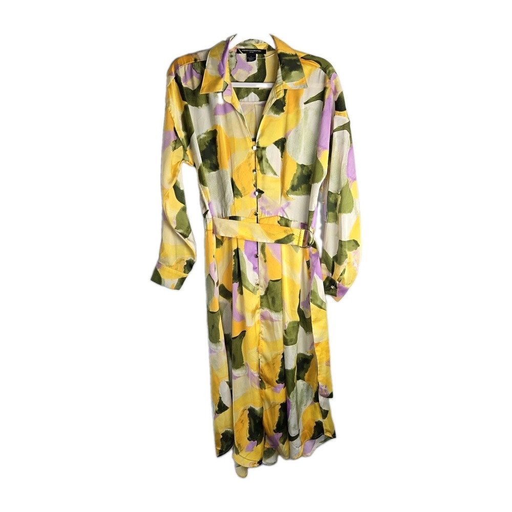 French Connection Womens Large Satin Shirt Dress Watercolor Belted Midi NWT